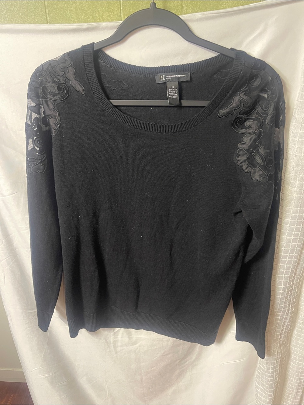 INC black sweater sheer floral appliqué - Picture 10 of 15